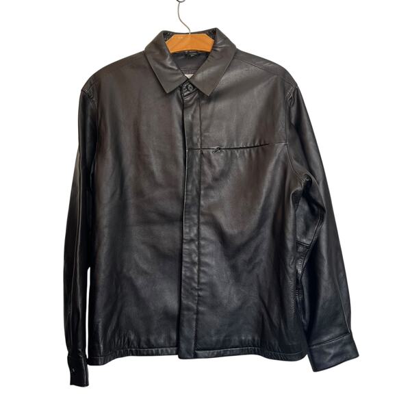 Alfani Genuine Leather Jacket Black Chore Style Coat Boxy Sleek Button Up 38S - Picture 1 of 10